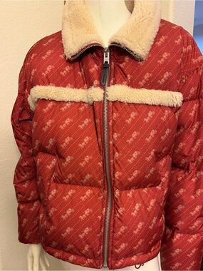 Coach Red Quilted Puffer Jacket with Cream Shearling Trim